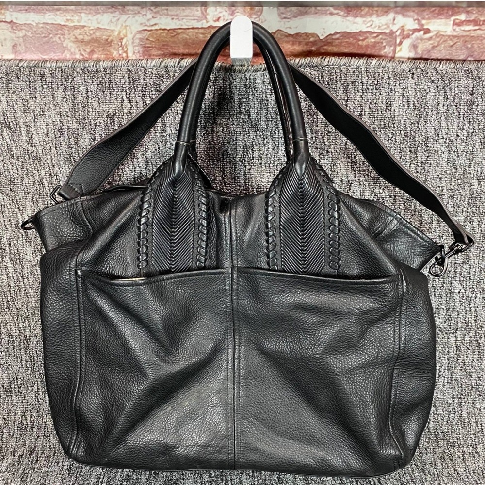 Aimee Kestenberg Black Pebbled Leather Satchel Tote Bag Woven Braided Crossbody